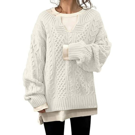 Sweaters for Women Knitted Knit Notch V Neck Cable Solid Color Puff Bubble Loose Long Sleeve Base Cozy Top