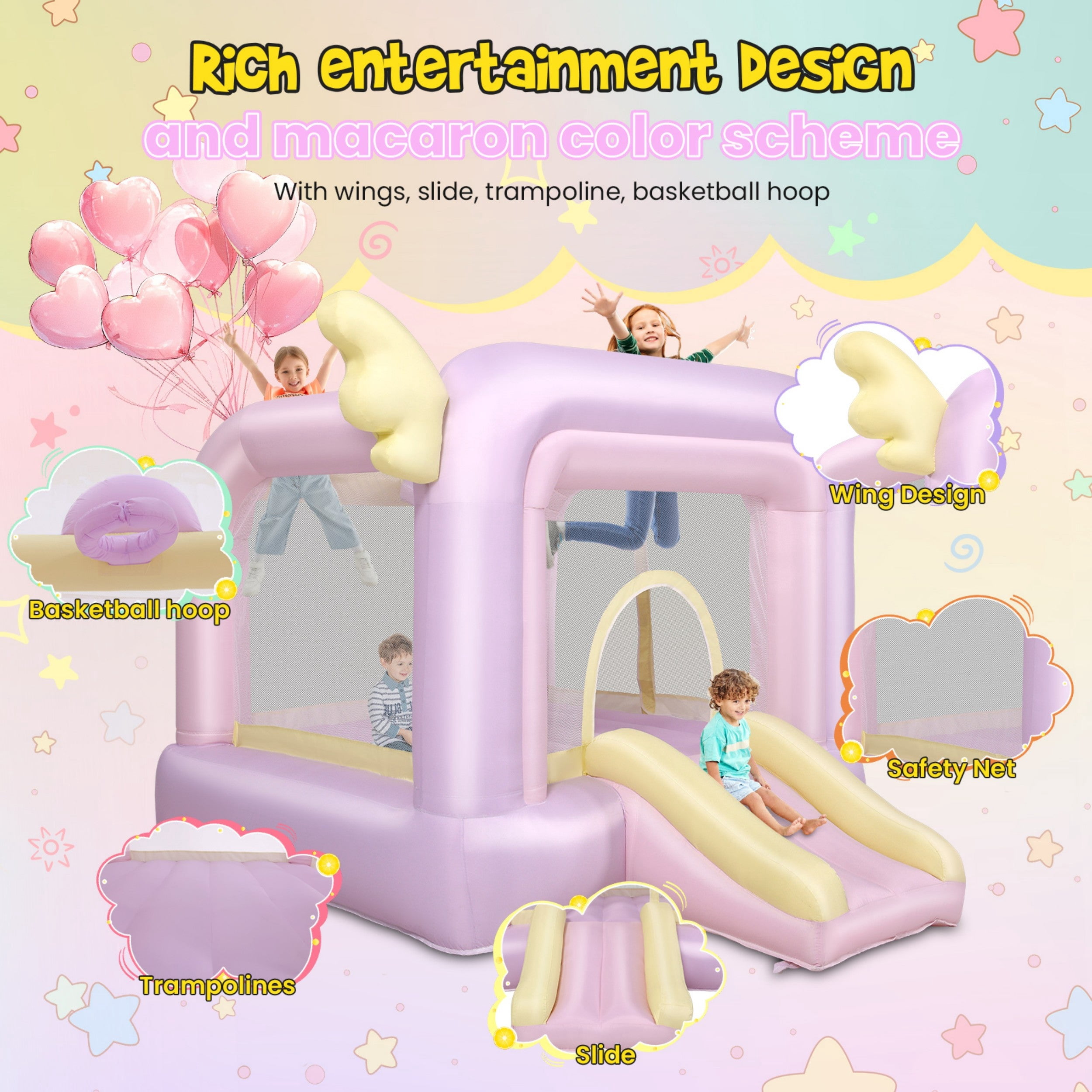 Funcid Inflatable Bounce House for Kids 106"x85"x80" - Macaron Jumping Castle with Slide, Basketball & Complete Party Kit