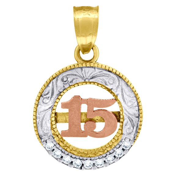 10kt Real Gold Tri-Color Cubic-Zirconia Womens 15 Anos Quinceanera Charm Pendant
