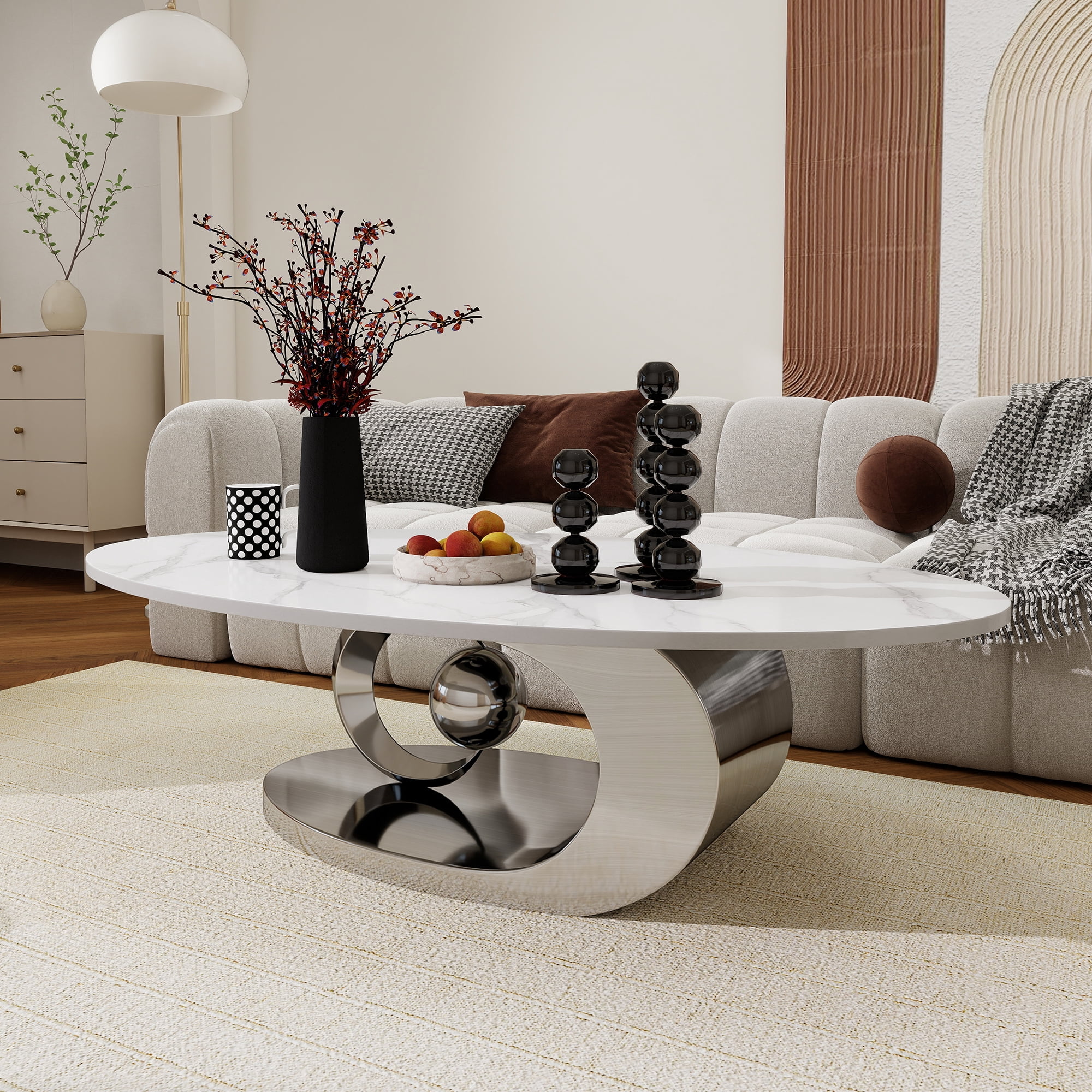 Oval Coffee Table Modern Minimalist Faux Marble Top with Sculptural Grey Stainless Steel Base Luxury SpaceSaving Design art deco coffee table 51.2"L x 27.6"W