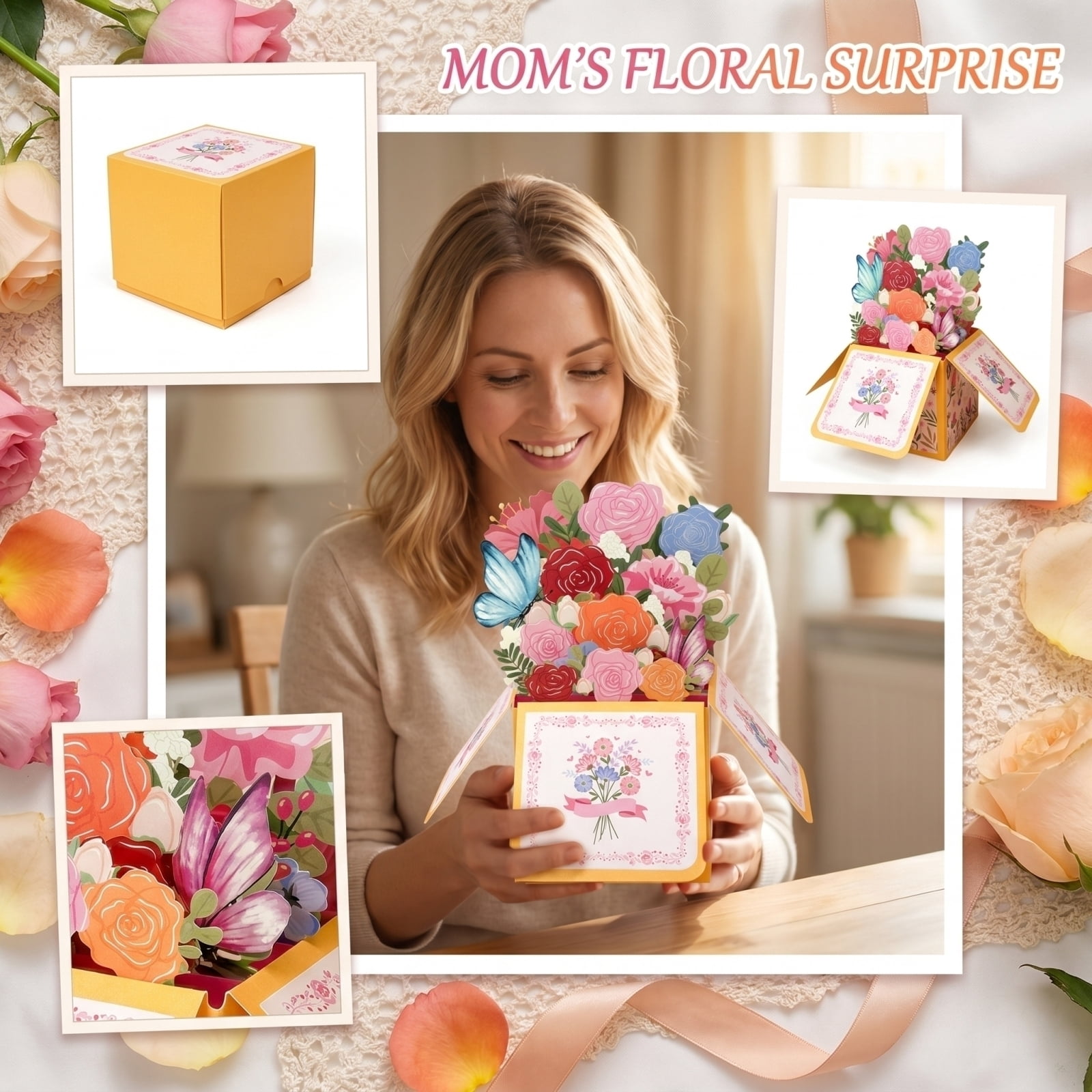 PTSPLLMY 3D Pop Up Mother's Day Card Pink Flower Bouquet Design Birthday Thank You Greeting Card for Mom Grandma Wife Gift