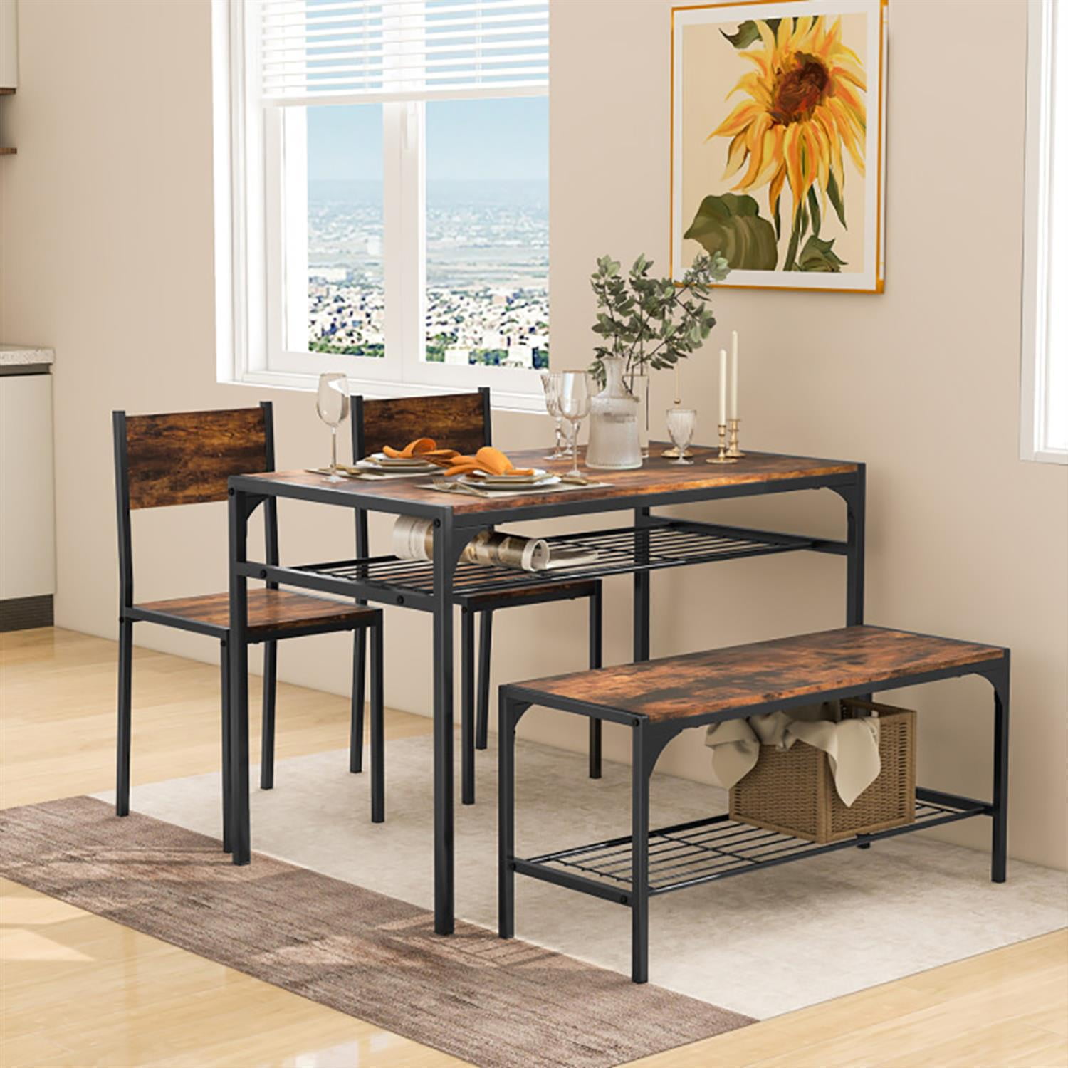 Demi Bonn 4-Piece Dining Table Set with Bench and 2 Chairs, 43"dustrial Kitchen Table with Metal Frame and Storage Rack, Perfect for Small Space, Brown