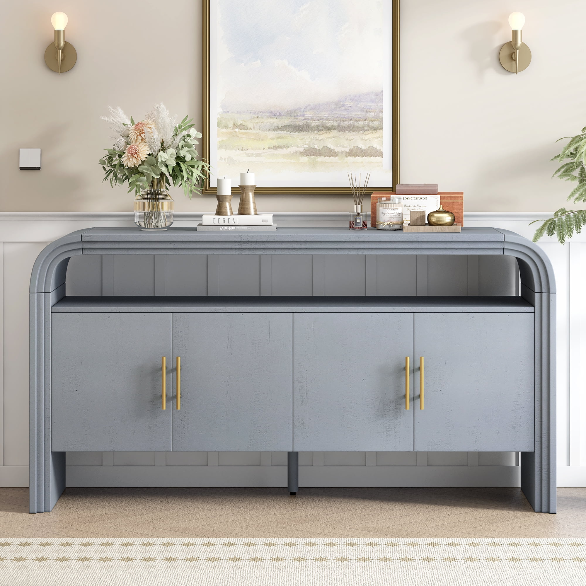 EUROCO 59.8" Long Console Table,Modern Entryway Table with 4 Cabinets,Open Storage Shelf and 4 Doors,Accent Table Behind Couch Table for Living Room/Entryway/Foyer/Hallway,Gray