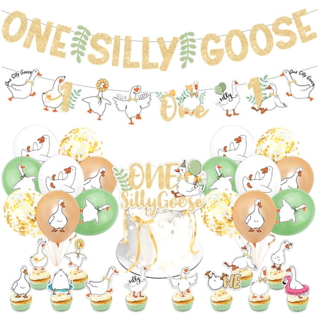 one silly goose birthday, farm animal first birthday decor, 1 year old party supplies, goose themed milestone party, rustic gold sage birthday decorations