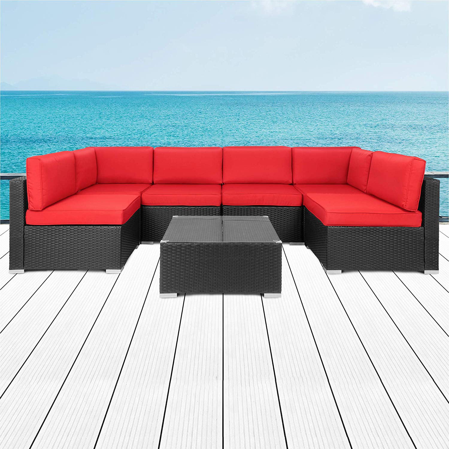 Kinbor 7pcs Outdoor Patio Furniture Sectional Pe Wicker Rattan