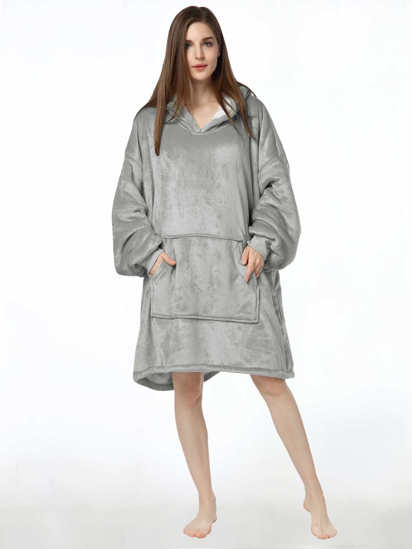 Wearable Blanket Hoodie, Oversized Sherpa Fleece Sweatshirt Blanket with Giant Hood Pocket and Sleeves for Adult, Warm & Cozy Grey Blanket
