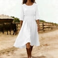 thumbnail image 2 of PRINxy Women's Round Neck 3/4 Sleeve Midi Dress Cinched Waist Flowy Hem Cotton Linen Casual Summer Dress for Daily Wear Beach Vacation White L, 2 of 7