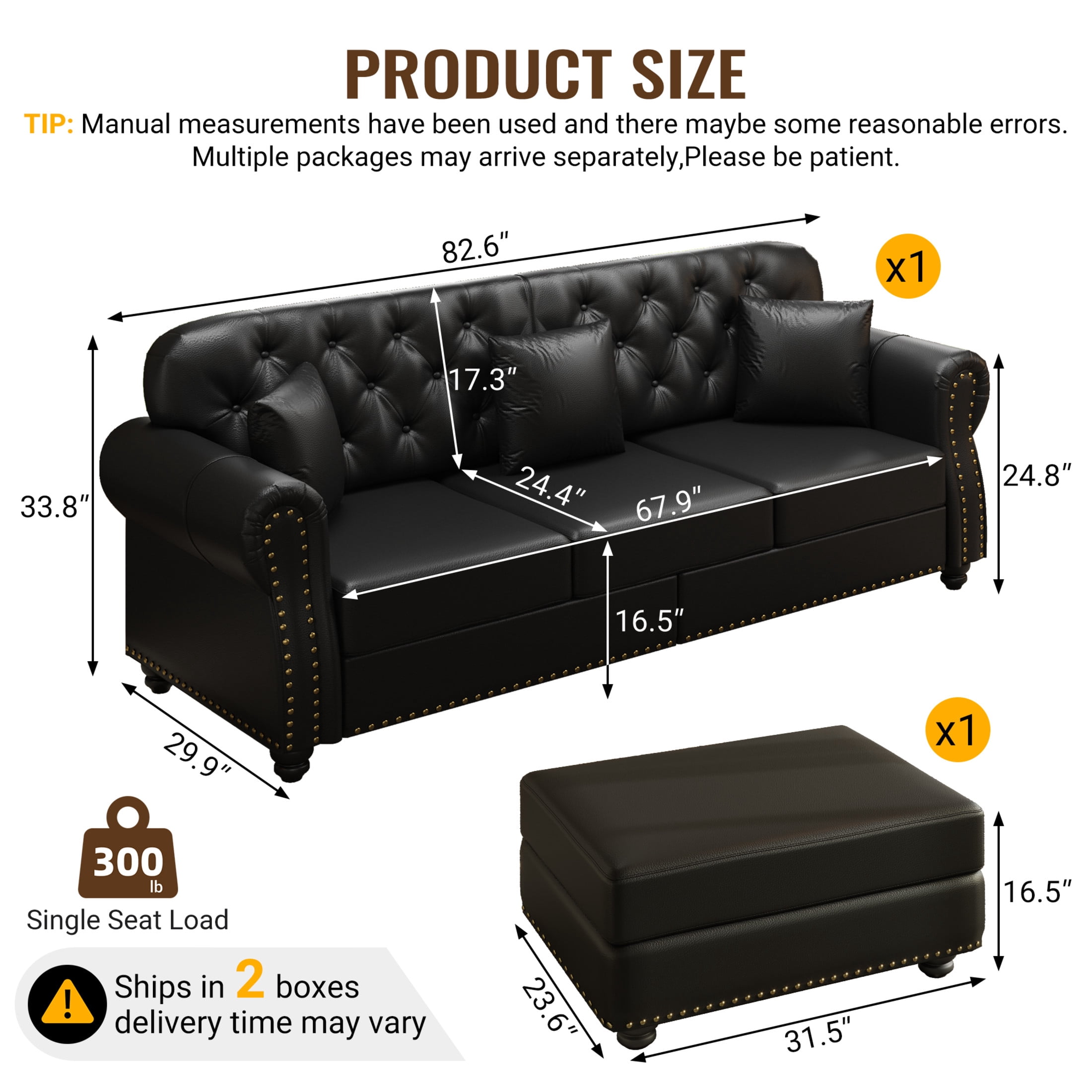 Noble House 82.6" Upholstered Faux Leather Chesterfield Sofa, Button Tufted Couch with Pillows and Nailheads, Black