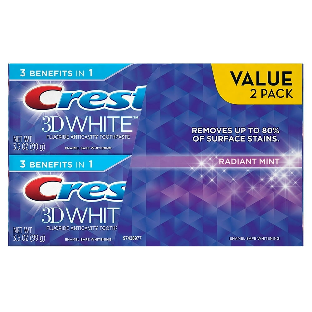 Crest 3D White Whitening Toothpaste, Radiant Mint, 3.5 OZ, Pack of 2