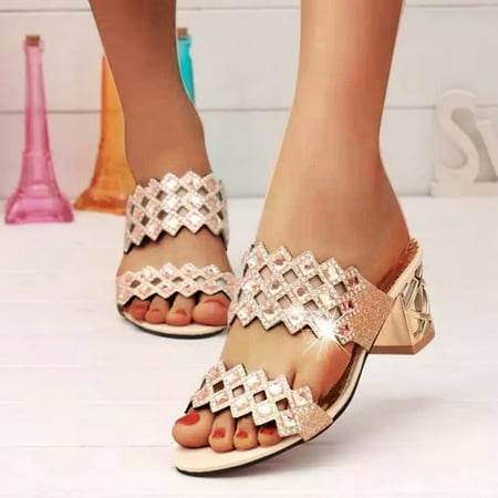 

NEGJ Women Sandals Sequin Beads Slippers Sandals Thick Heel One Foot Open Toe Fish Mouth Sandals Casual Fashion Sandals