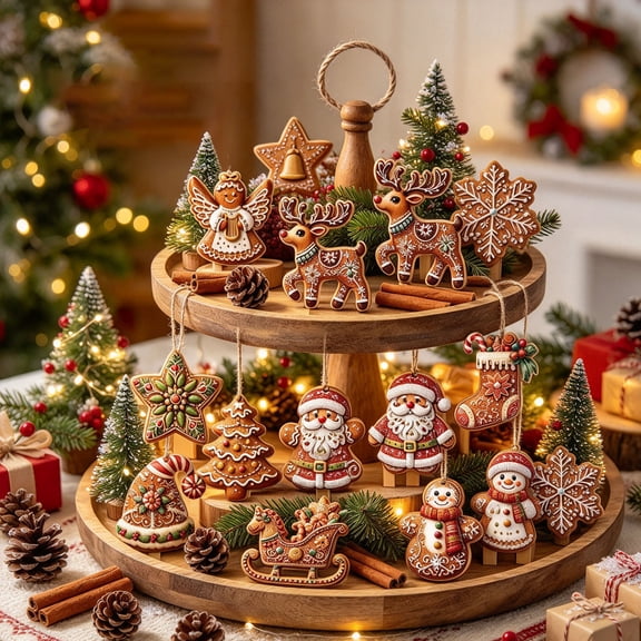 12 Pcs Wooden Christmas Ornaments Set Gingerbread and Santa Hanging Decorations Cozy Farmhouse Rustic Tree Decor for Holiday Wreath Gift