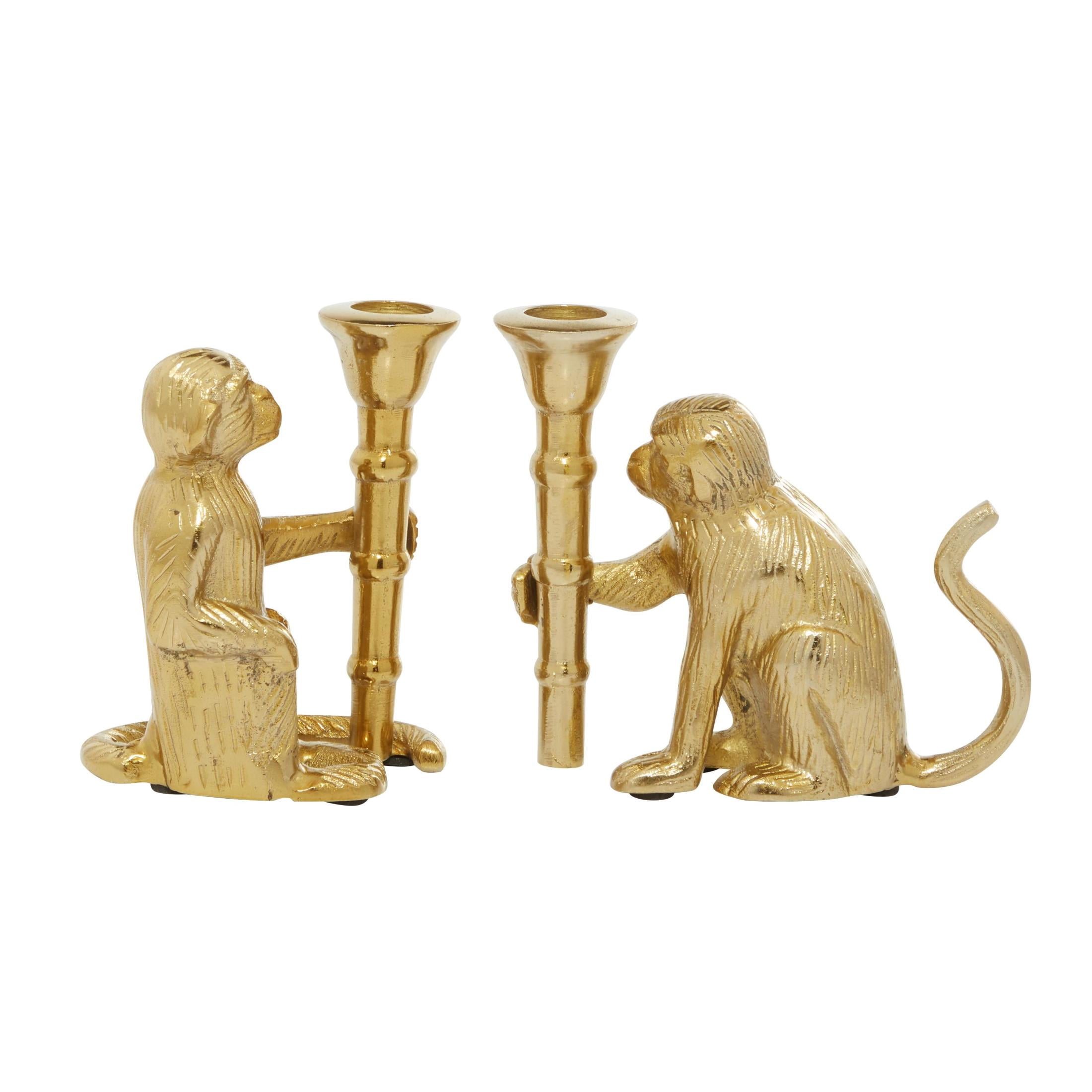 DecMode 2 Candle Gold Aluminum Metal Monkey Candle Holder, Set of 2