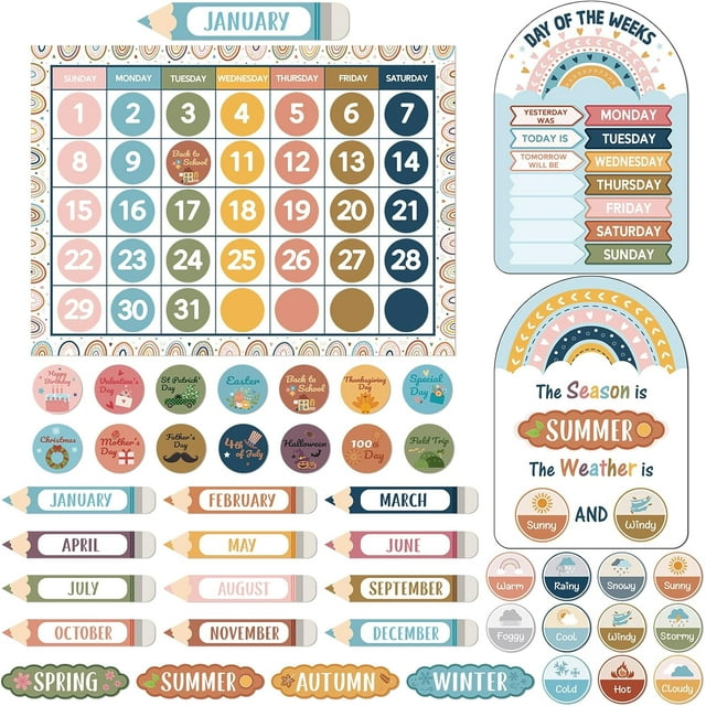 Classroom Calendar Bulletin Board Set Calendar Seasons Weather Chart Bulletin Board and Rainbow Classroom Display with Stickers for Elementary Bedroom Wall Decoration