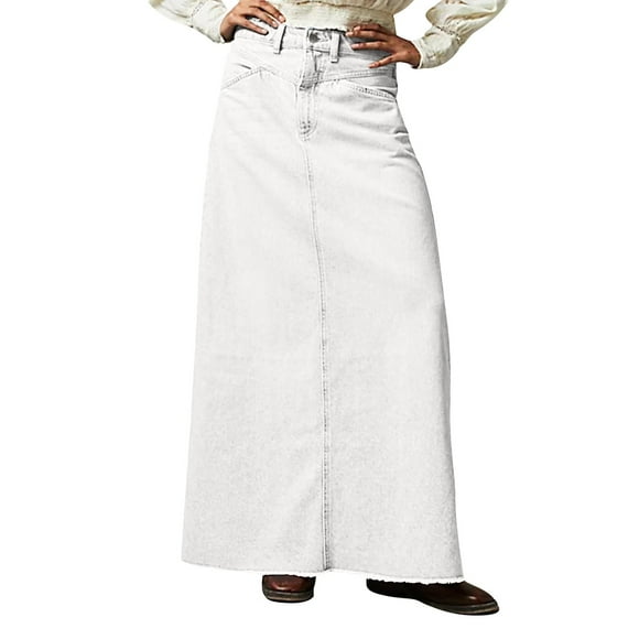 Mohiass Women Trendy Denim Maxi Skirt High Waist A-Line Frayed Hem Loose Long Jean Skirt White XL
