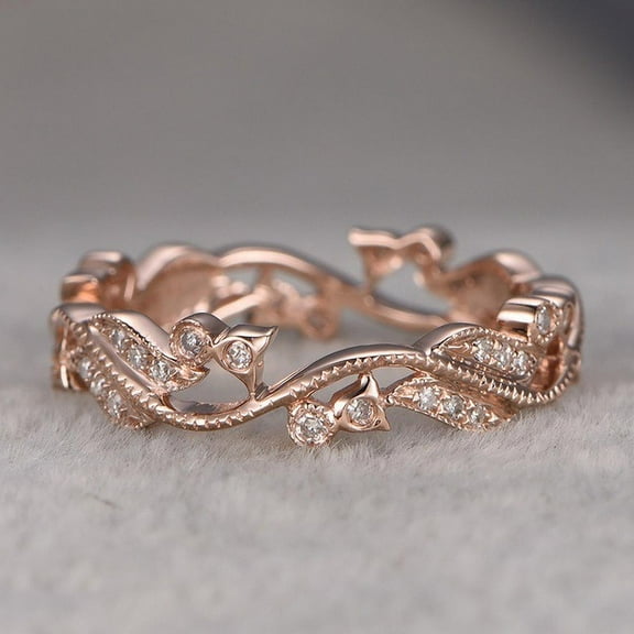 Women's Lucky Flower Vine Leaf Diamond Plated 14 K Rose Gold Ring