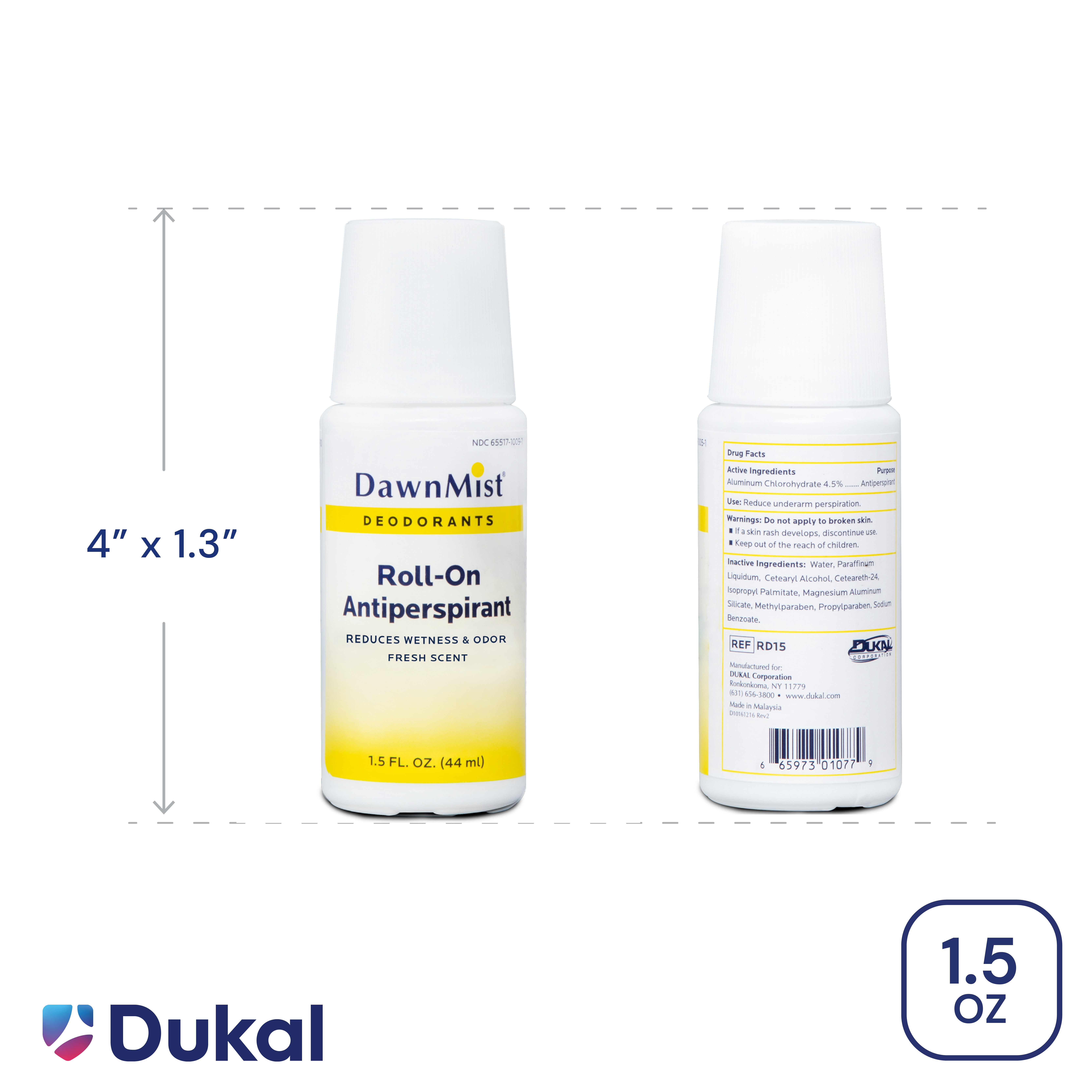 Dukal Dawn Mist Roll-On Deodorant, Fresh Scent, 1.5 oz. - 96/Case