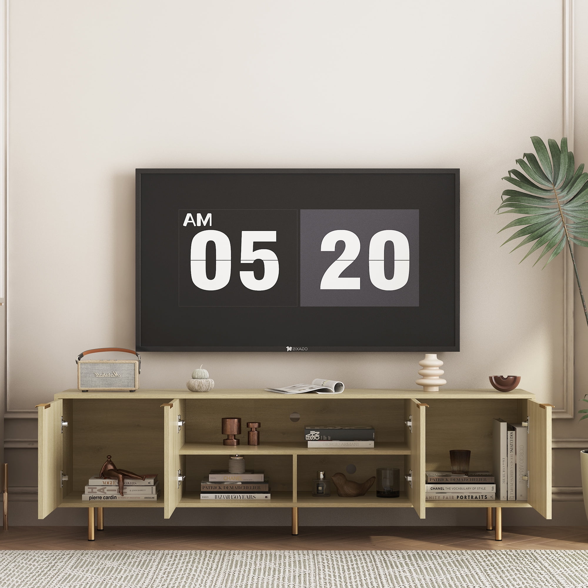 Aukfa Modern TV Stand for 75 inch TV with Door for Living Room Bedroom,Natural