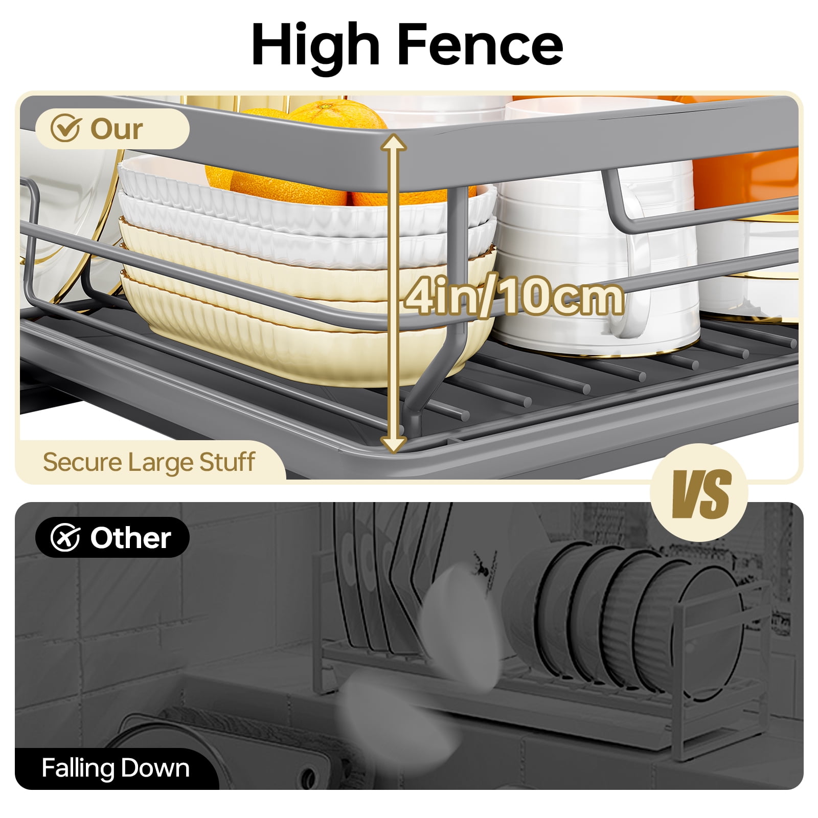 KINGRACK Dish Drying Rack, Large Dish Rack with Drainboard and Cup & Utensil Holders, Stainless Steel, Over Sink or Counter, Gray