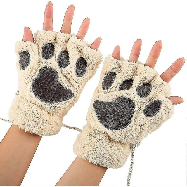 Women Bear Plush Cat Paw Claw Glove Soft Winter Gloves Fingerless Gloves (beige)