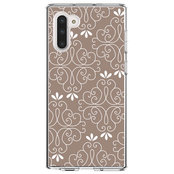 DistinctInk Clear Shockproof Hybrid Case for Samsung Galaxy Note 10 (6.3" Screen) - TPU Bumper, Acrylic Back, Tempered Glass Screen Protector - Tan White Floral