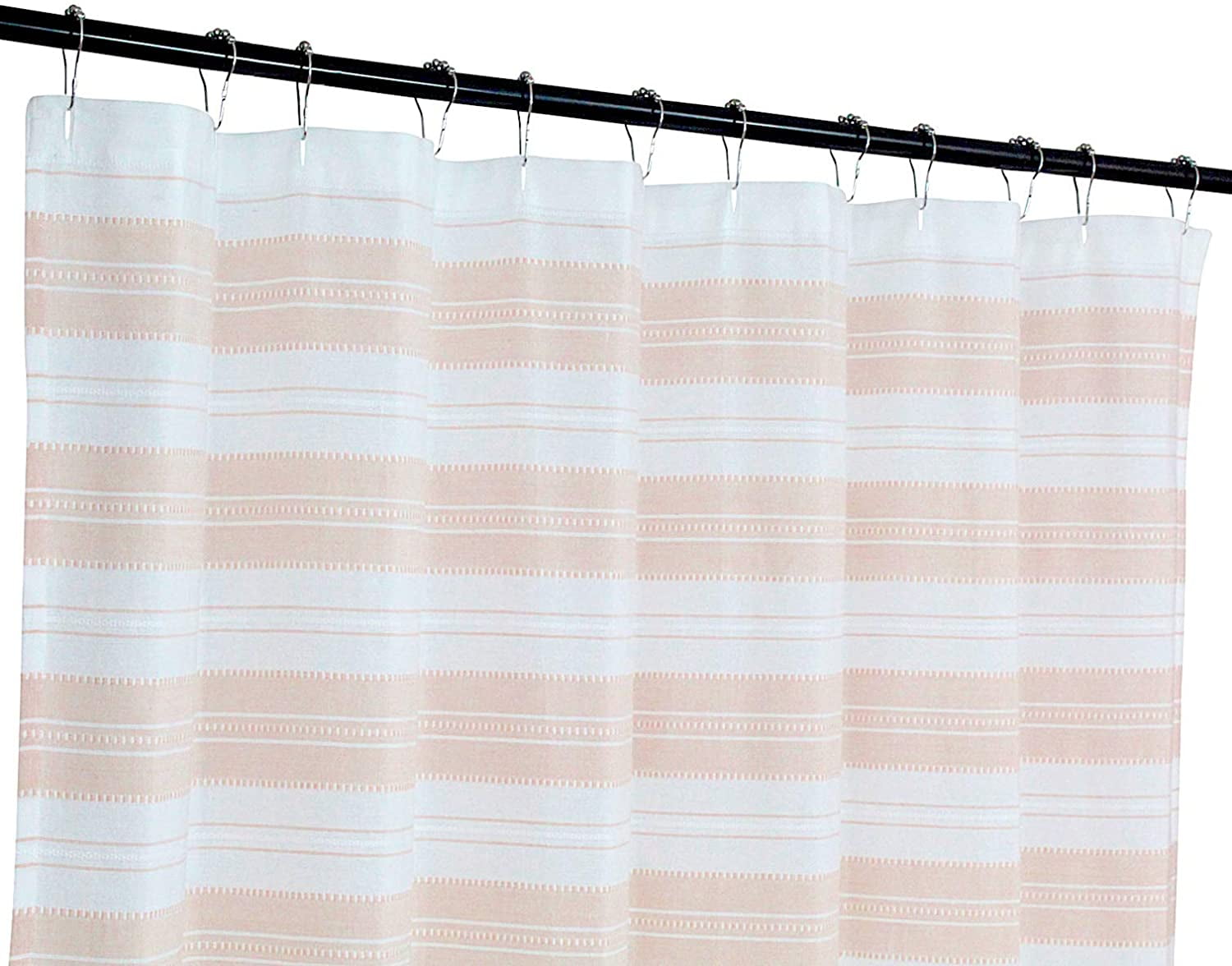 Serafina Home Light Pink White Fabric Shower Curtain: Cotton Rich Striped with Detailed Decorative Weave
