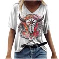 thumbnail image 1 of Blusa étnica con estampado geométrico y cuello en V de manga corta occidental Retro informal para mujer Pompotops hkajfhjk458550, 1 of 8