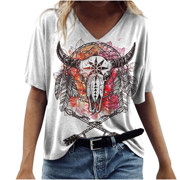 Blusa étnica con estampado geométrico y cuello en V de manga corta occidental Retro informal para mujer Pompotops hkajfhjk458547