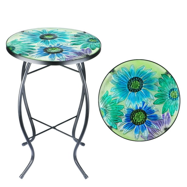 Glass Side Table for Patio Outdoor Plant Stand Mosaic Accent Table