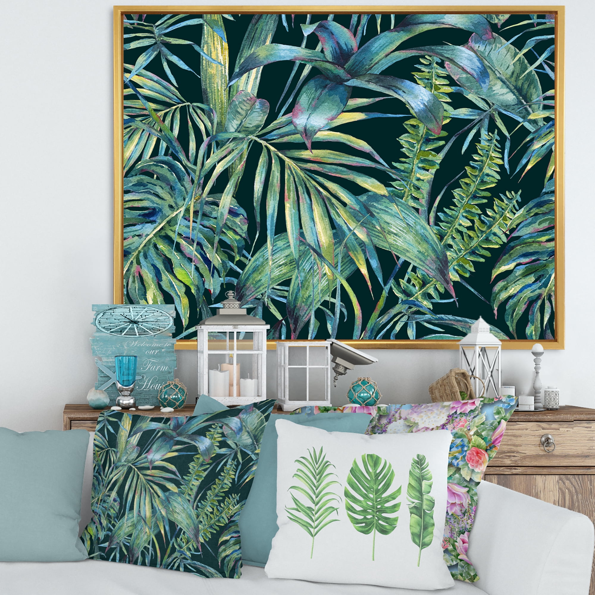 Designart 'Natural Green Leaves Exotic On Dark I' Tropical Framed Canvas Wall Art Print