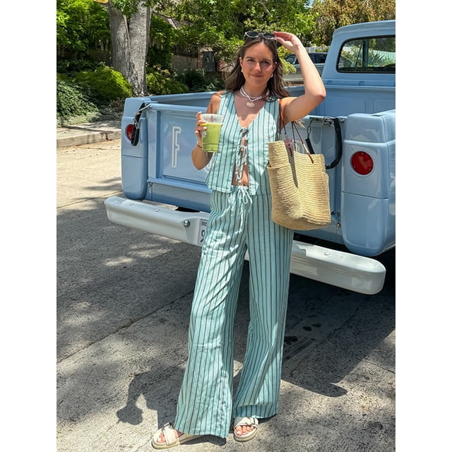 Conjunto de pantalón con estampado informal para mujer, traje holgado de cintura alta con cuello en V, sin mangas, volantes, 2024
