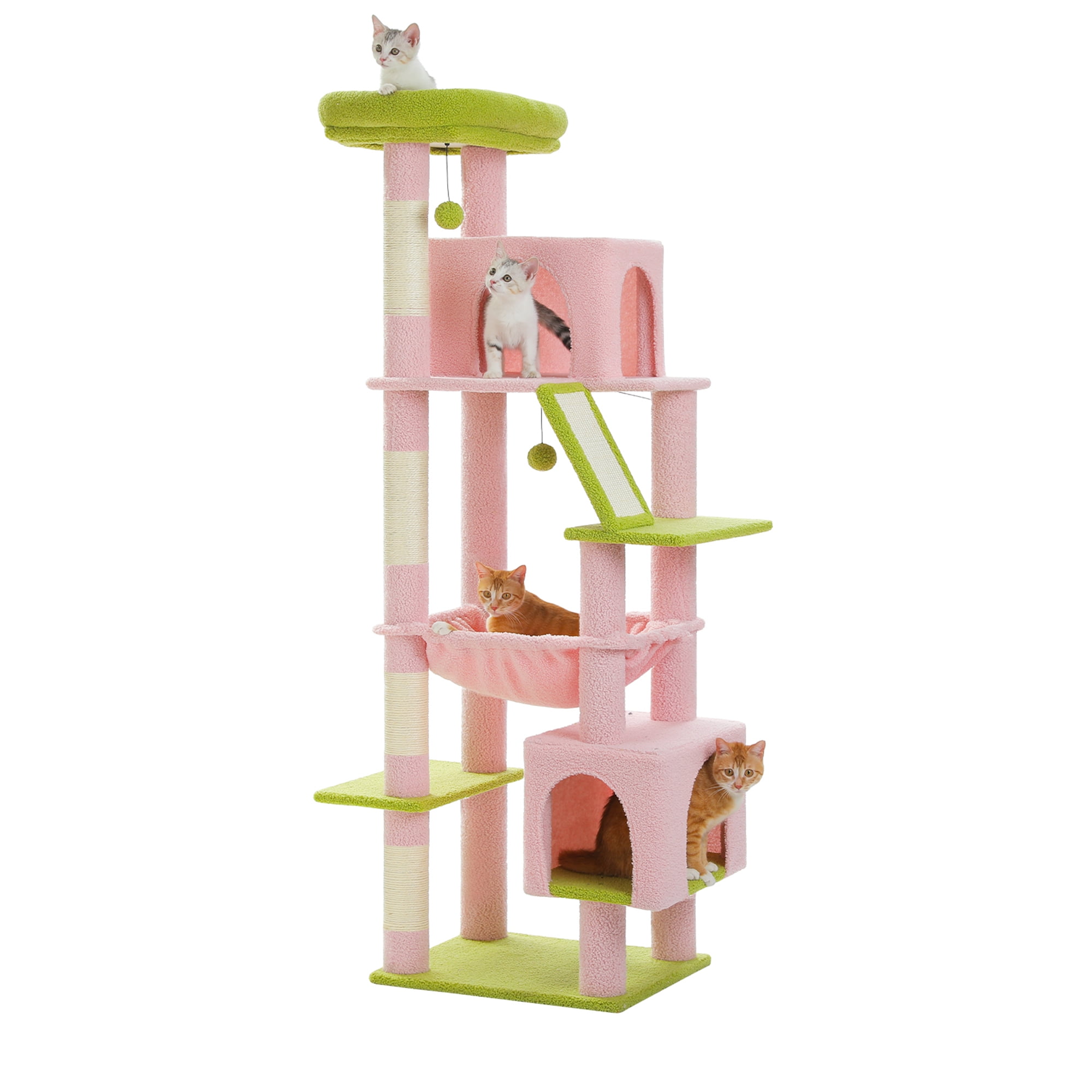 Kadyn 71" Large Cat Tree Tower for Indoor Cats, Multi-Level Cat Tree House with Padded Perches, Scratcher, Hammock, 2 Cozy Cat Condos and Scratching Posts, Pink