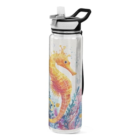 1000ML Transparent Sports Water Bottle with Handle & Straw Portable Water Bottle for Outdoor Camping Gym Seahorse and Coral