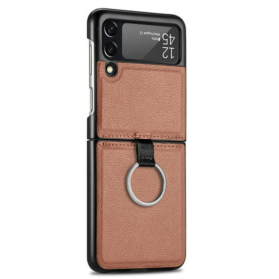Shockproof Dust-proof Card Protector Phone Stand Leather Cover For Samsung Z Flip 3 Metal Ring Phone Case BROWN