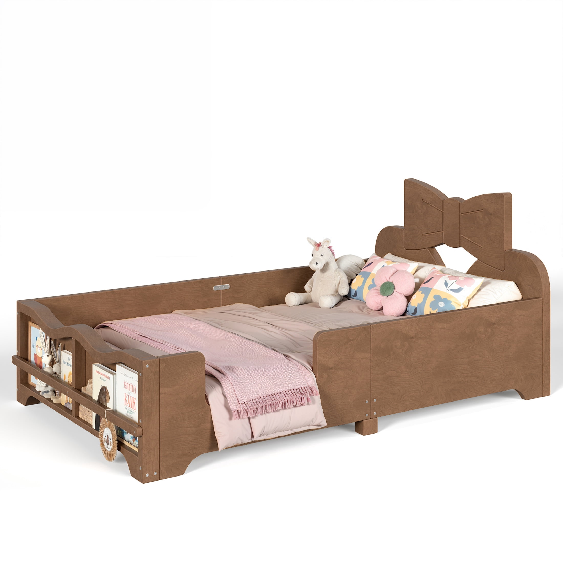 GDF Studio Twin Size Kids Platform Bed with Bowknot Headboard, Guardrails & Bookshelf, Brown