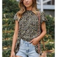 thumbnail image 2 of Camisa floral de manga corta con volantes y cuello redondo con estampado de flores para mujer Camisa con volantes Top para verano Negro XL, 2 of 5