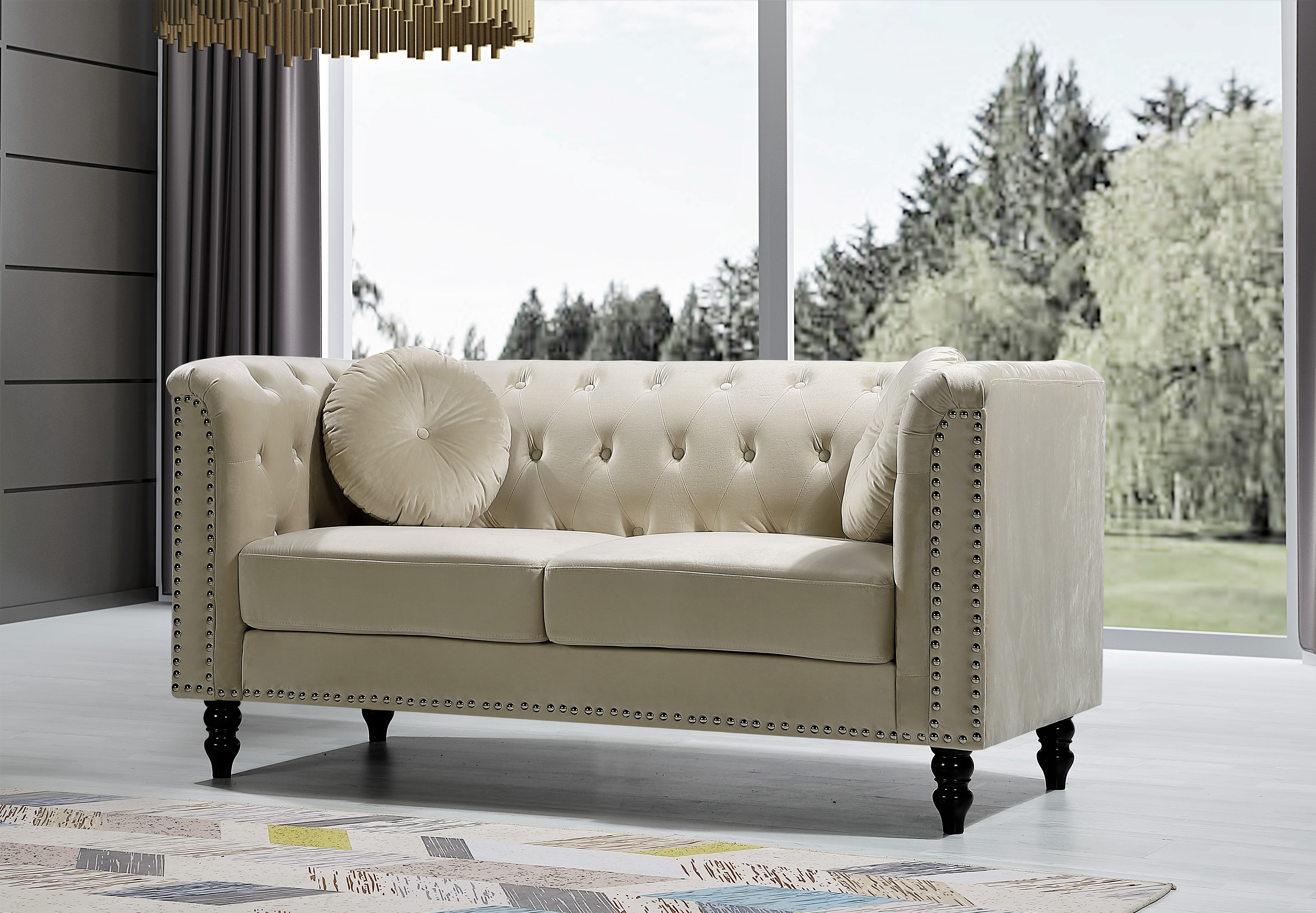 Uspridefurniture Lueck 64.2'' Velvet Rolled Arm Chesterfield Loveseat,Cream