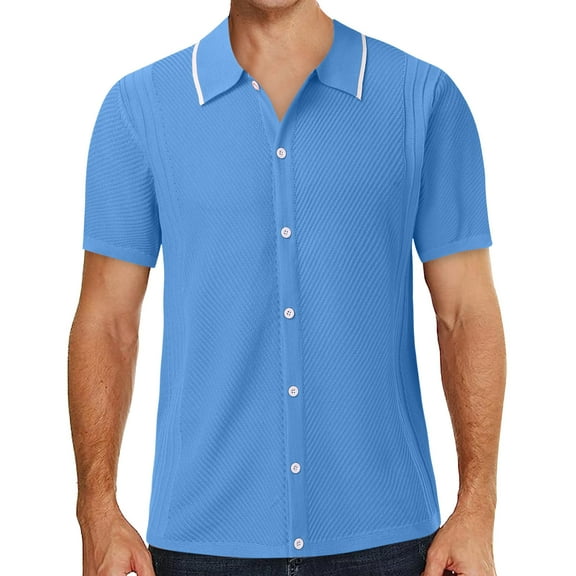 FBMDBB Men's Dress Shirts Summer Casual Button Down Knit Cardigan Short Sleeved Shirt Tops Band Collar Beach Shirts
