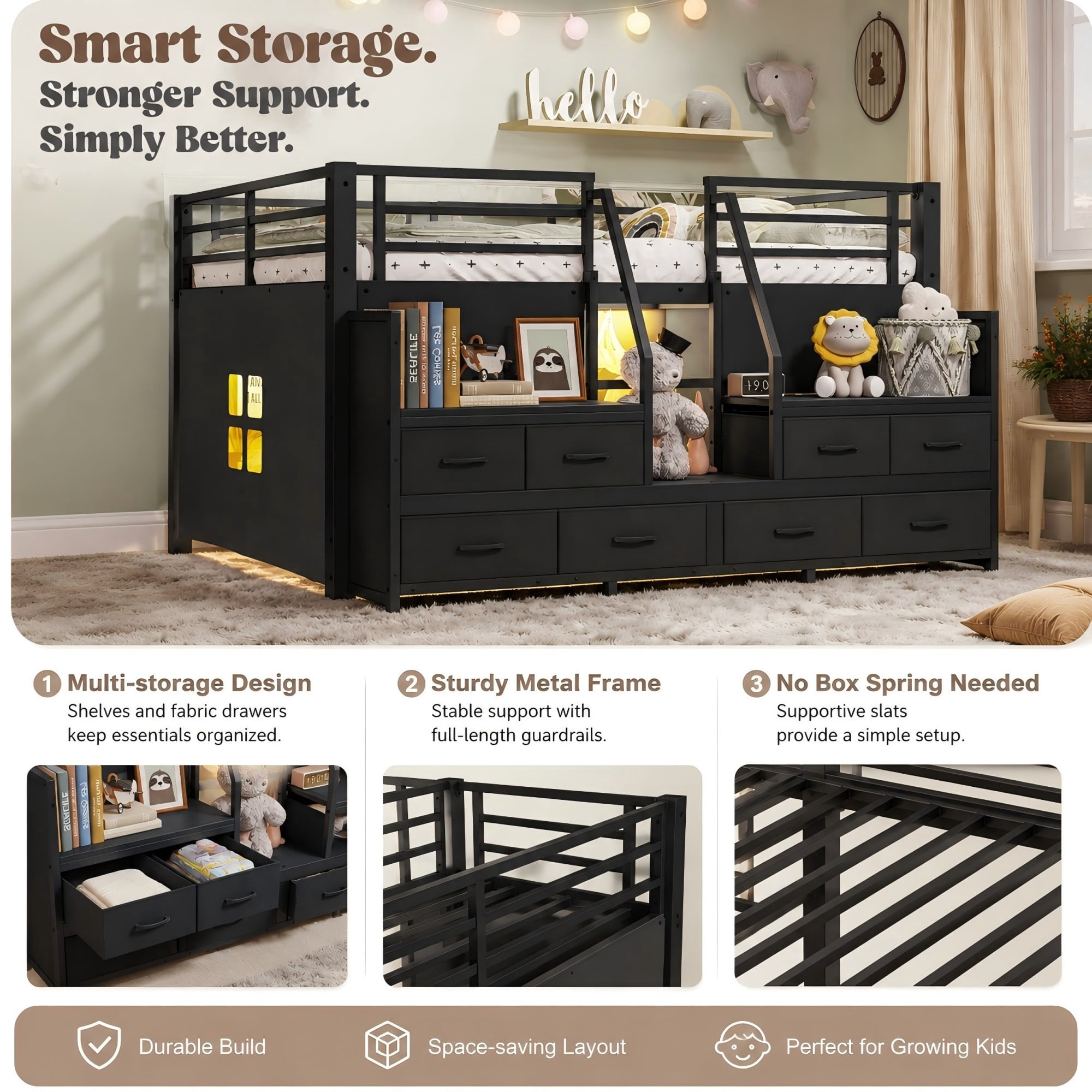 Aukfa Full Size Loft Bed with 8 Storage Drawers, Shelves & LED Lights, Metal Low Loft Bed for Kids Bedroom, Black
