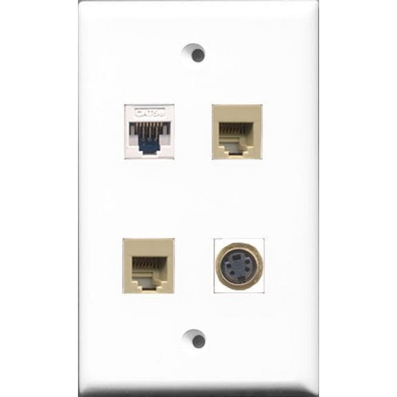 RiteAV - 2 Port Phone RJ11 RJ12 Beige and 1 Port S-Video and 1 Port Cat5e Ethernet White Wall Plate