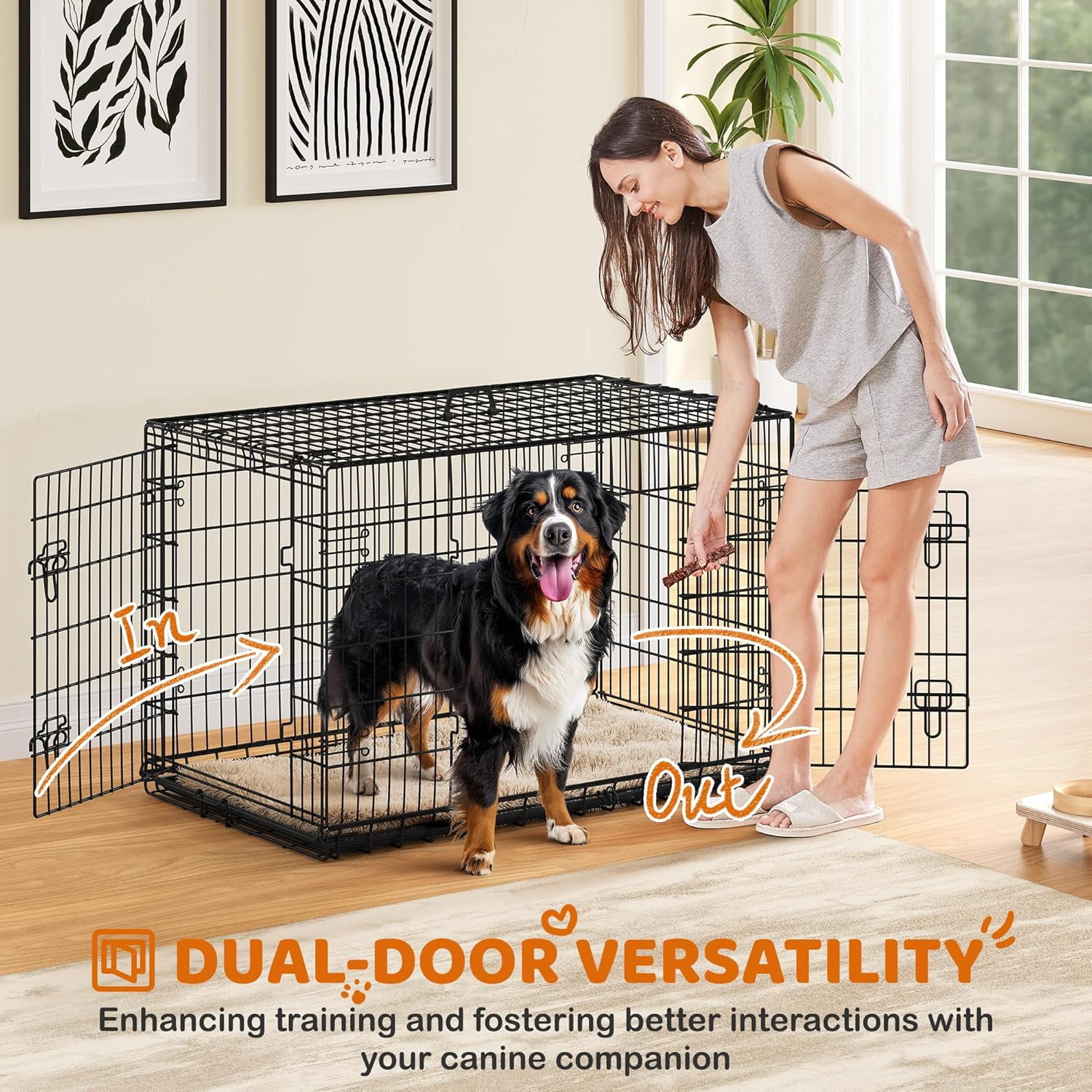 LibraMAl 48 inch Double Door Dog Crate w/Divider for Puppy to Adult Large Collapsible Metal Crate with Removable Tray XXL Wire Dog Kennel Pet Crate for Dogs Portable Travel Cage, Black