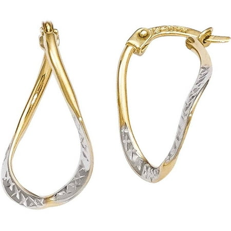 10kt Gold with White Rhodium Polished and Diamond-Cut Oval Hoop Earrings