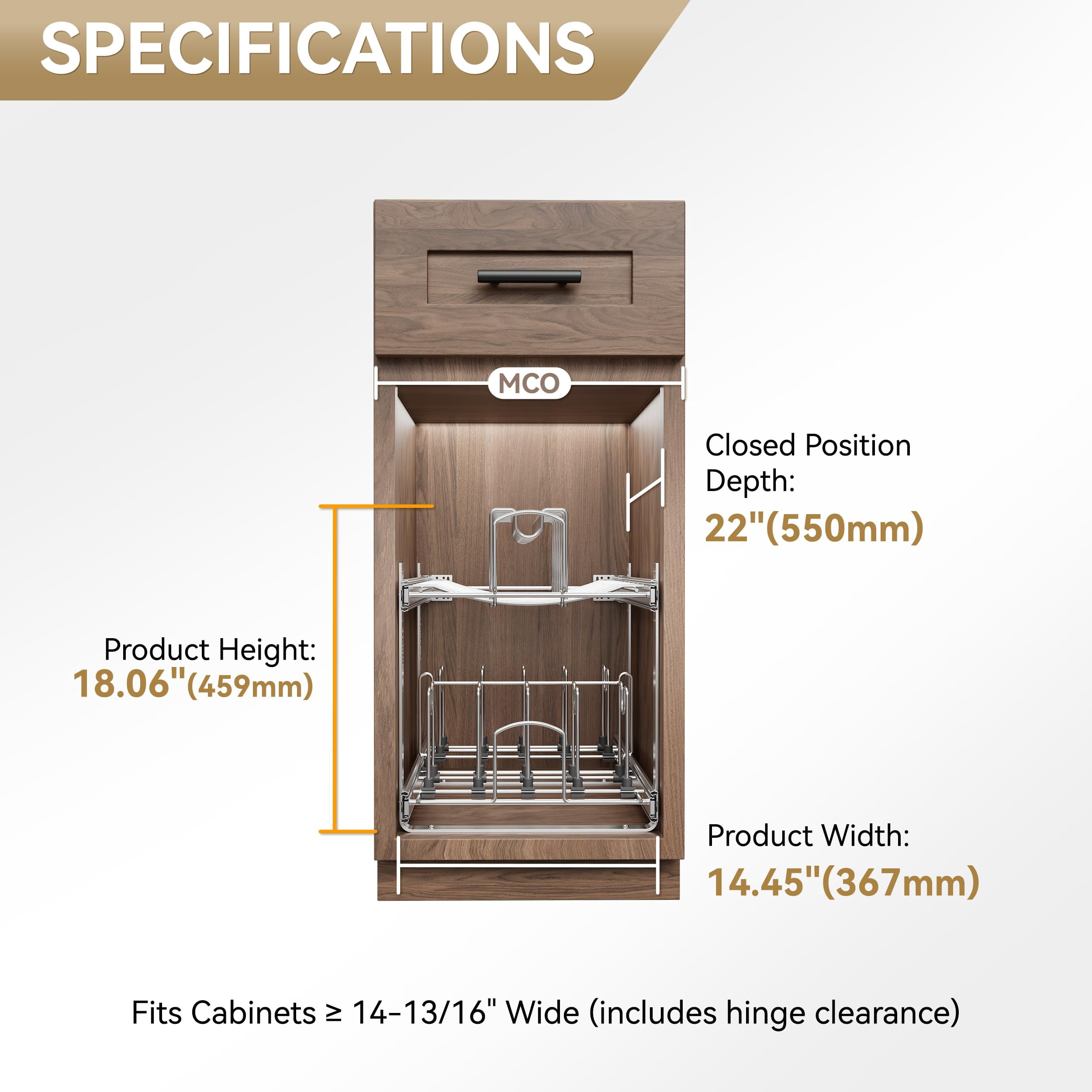 STORING 2-Tier Pull-Out Cabinet Organizer for Pots, Pans & Lids, Adjustable Heavy Duty Wire Rack, Full-Extension 15"W x 22"D