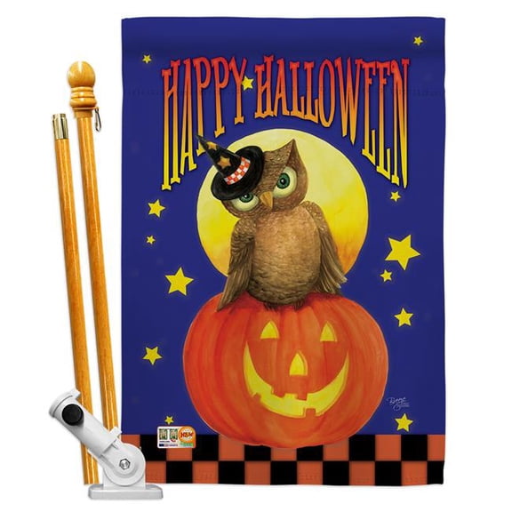 Breeze Decor BD-HO-HS-112069-IP-BO-D-US17-AM 28 x 40 in. Owl Sitting on Jack-O-Lantern Fall Halloween Impressions Decorative Vertical Double Sided House Flag Set with Pole Bracket & Hardware