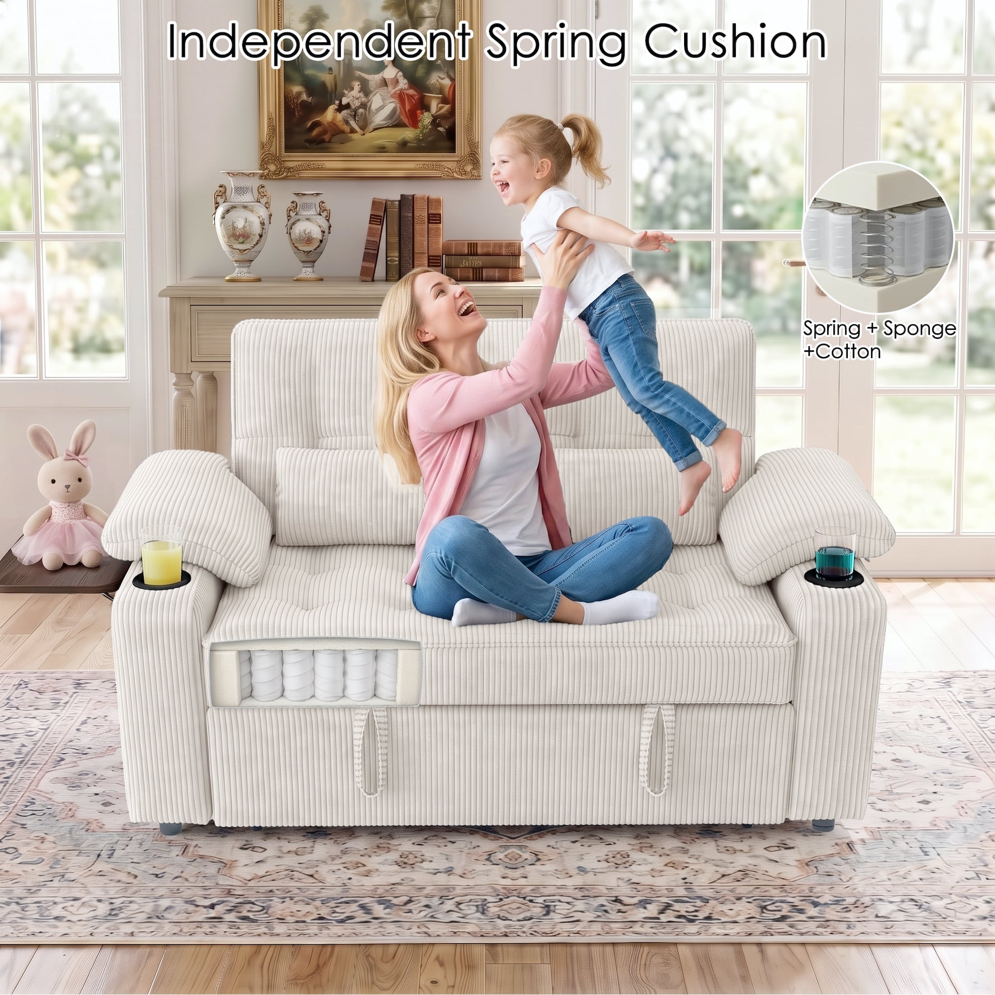 58" Sleeper Sofa Bed, Full Size Pull Out Couch, Convertible Corduroy Loveseat with USB Charging, Cup Holders, Side Table, Adjustable Backrest, Side Pockets for Living Room, Apartment, Office (Beige)
