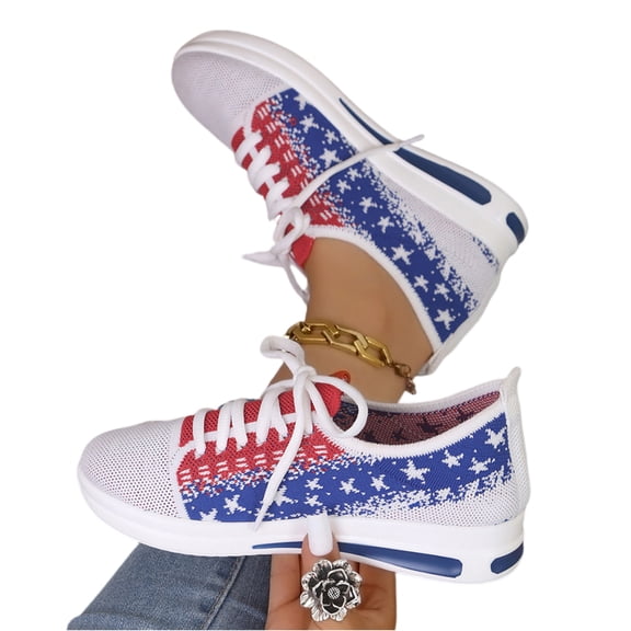 OIOLOYJM Sneakers for Women American Flag Mesh Breathable Non-Slip Lace Up Running Training Shoes Fashion Patriotic Comfortable Sports Walking Shoes Blue 37(US-6.5/UK-4.5)