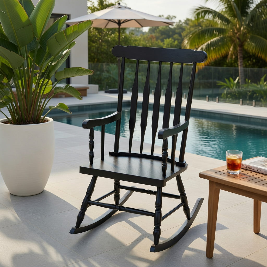 Hommoo Outdoor Rocking Chair, Solid Rubber Wood Patio Rocker with Slatted Backrest, Ergonomic Curved Armrests & High Back Support, Black