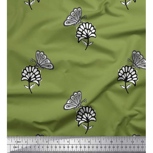 Soimoi Green Polyester Crepe Fabric Floral & Insect Print Fabric by The Yard 42 Inch Wide