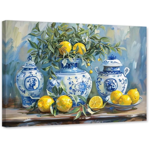 ZHONGYUTONG Lemon Wall Art Kitchen Canvas Wall Decor Yellow Fruit and Blue Pottery Pictures Vintage Citrus Painting for Home Decor Framed (12.00" x 18.00")