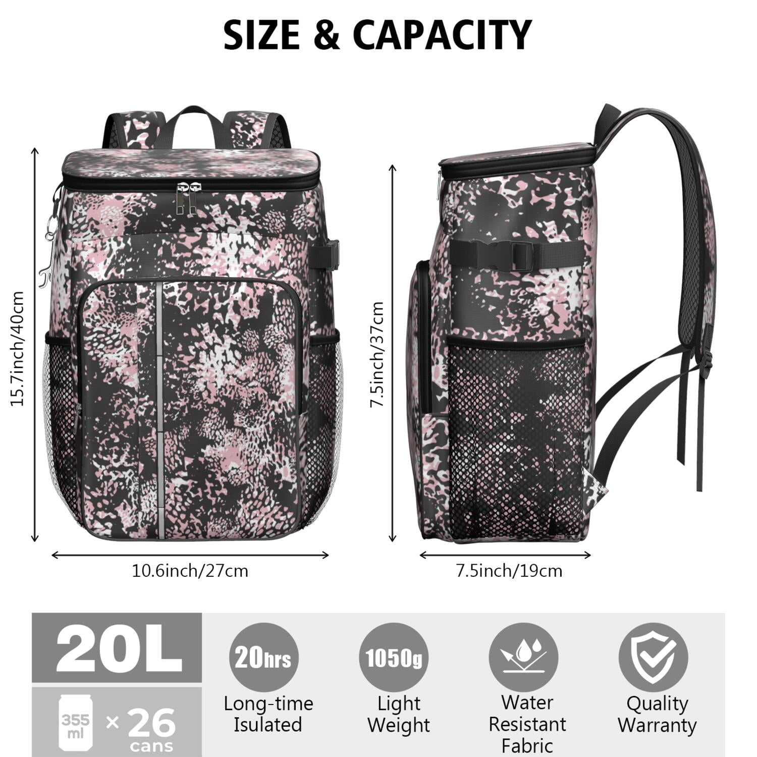 Travel Cooler Bag - Black and Pink Of Leopard Print Camping Beer Cooler Backpack with Bottle Opener- Waterproof Insulated Picnic Backpacks - Cooler Bag for Beach