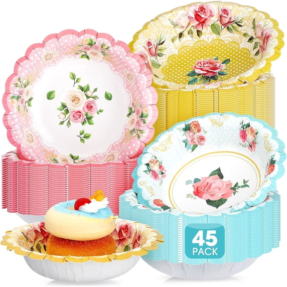 45 Pcs Tea Party Paper Bowls 12oz Floral Vintage Soup Bowl Pink Blue Yellow Flower Disposable Food Bowls for Tea Party Wedding Mom Birthday Baby Shower Spring Holiday